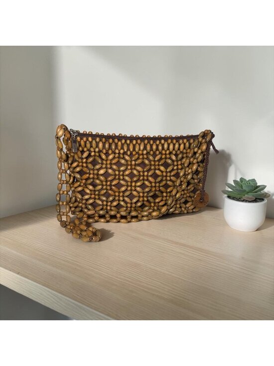 The Sak Handbags - VTG The Sak Bora Bora Wooden Beaded Shoulder Bag Beige Brown Hobo Y2K Boho Beach